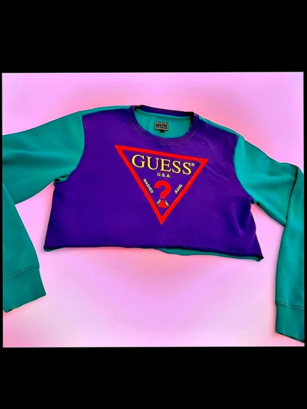 Guess Colorblock Triangle Logo Cropped Sweatshirt Purple & Green